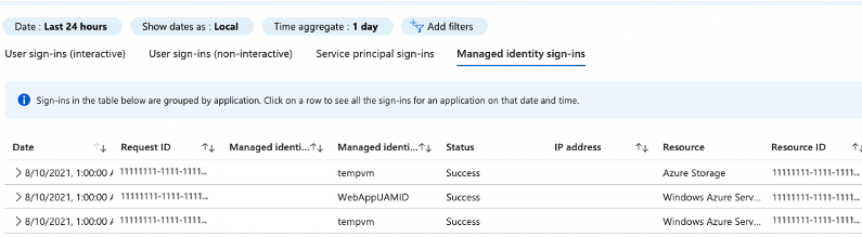 Screenshot showing managed identity sign-in events