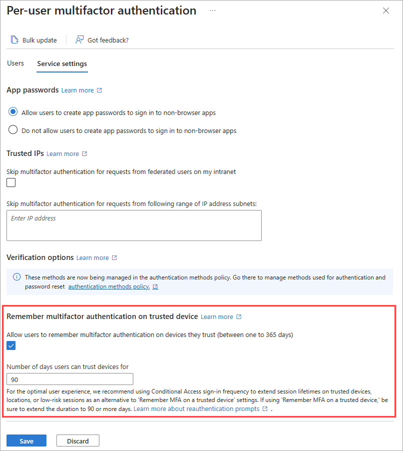 Screenshot of remember MFA on trusted devices.