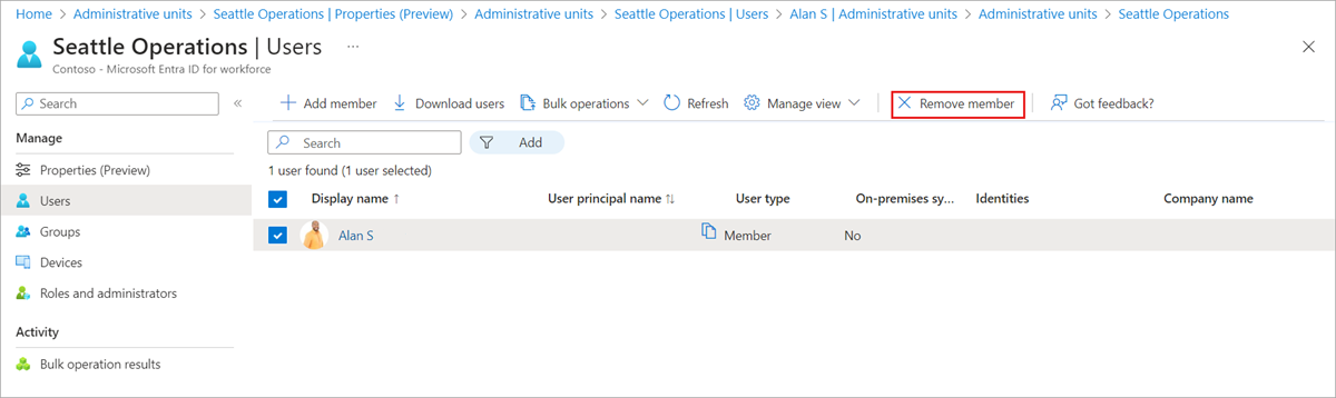 Screenshot showing a list users in an administrative unit with check marks and a Remove member option.