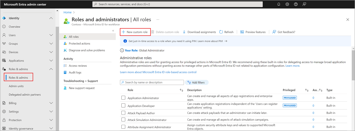 Create or edit roles from the Roles and administrators page