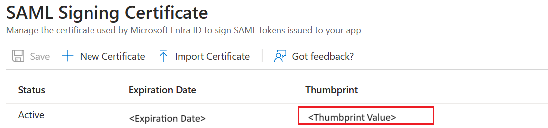 Screenshot shows to copy Thumbprint value.