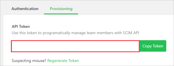 Screenshot of a Provisioning tab on the Flock website. Under A P I token, a value is highlighted. Next to the token is a Copy token button.