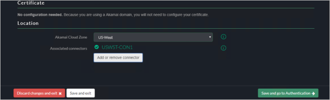 Screenshot of the Akamai EAA console showing settings for Certificate and Location. Associated connectors is set to USWST-CON1.