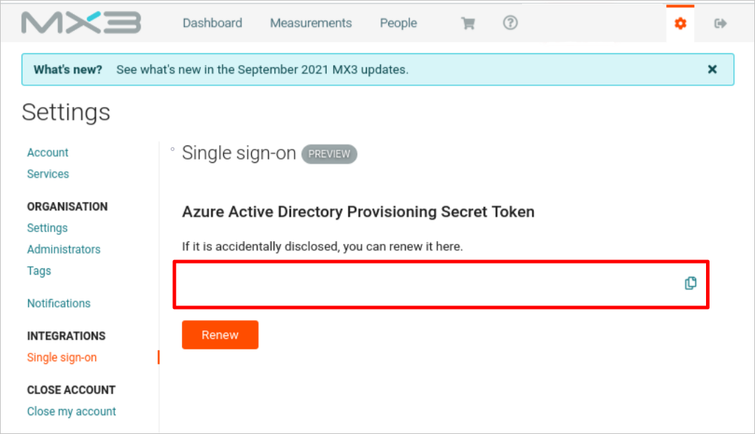 Screenshot of MX3 Diagnostics Connector's secret token for Azure AD.