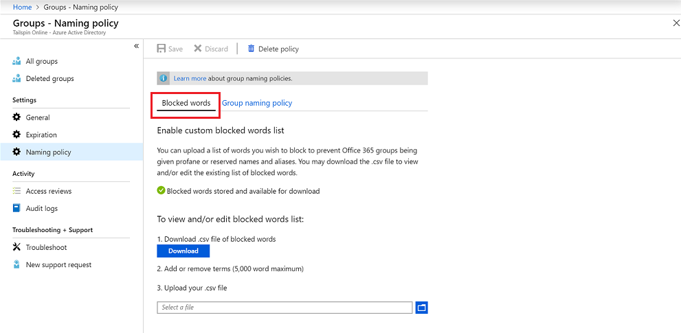 Screenshot that shows editing and uploading a blocked words list for a naming policy.