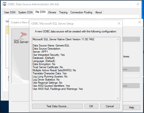 Screenshot that shows Test Data Source.