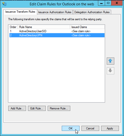 When you're finished adding claim rules, click OK.
