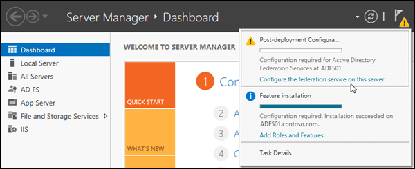 In Server Manager, click Notifications to see the warning that contains the link to Configure the fedration service on this server.