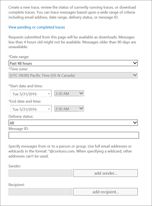 Screenshot shows the options available in message trace.