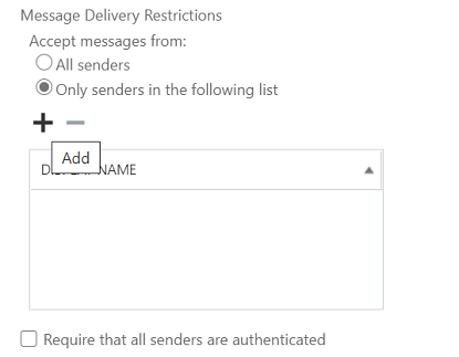 Screenshot of the New EAC page on which the user can configure restriction on senders.