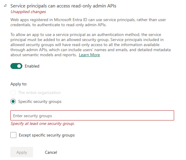 Screenshot of allow service principals tenant setting.