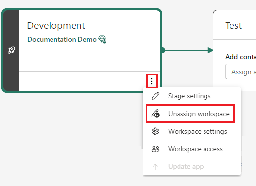 A screenshot showing the unassign workspace option in the new UI of deployment pipelines.