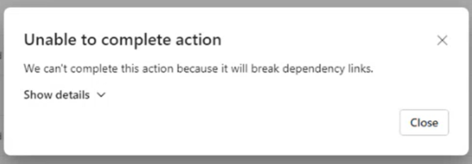 Screenshot of dependency error. The UI says unable to complete action.