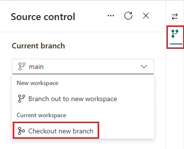 Screenshot of source control check out a new branch option.