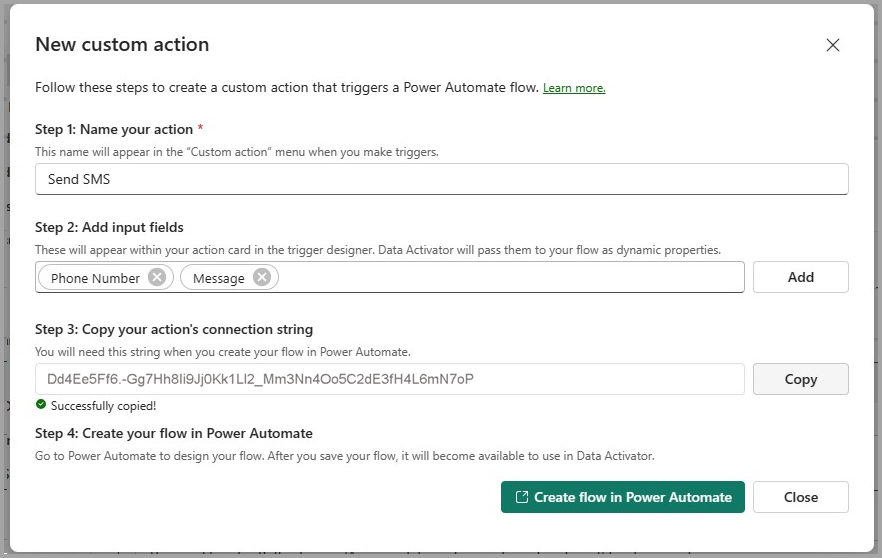 Screenshot of creating a Data Activator new custom action.