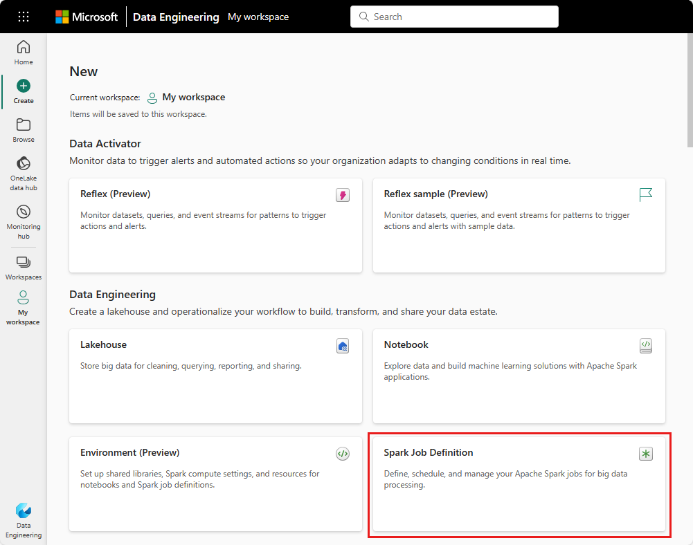 Screenshot showing where to select Spark job definition on the Create Hub.