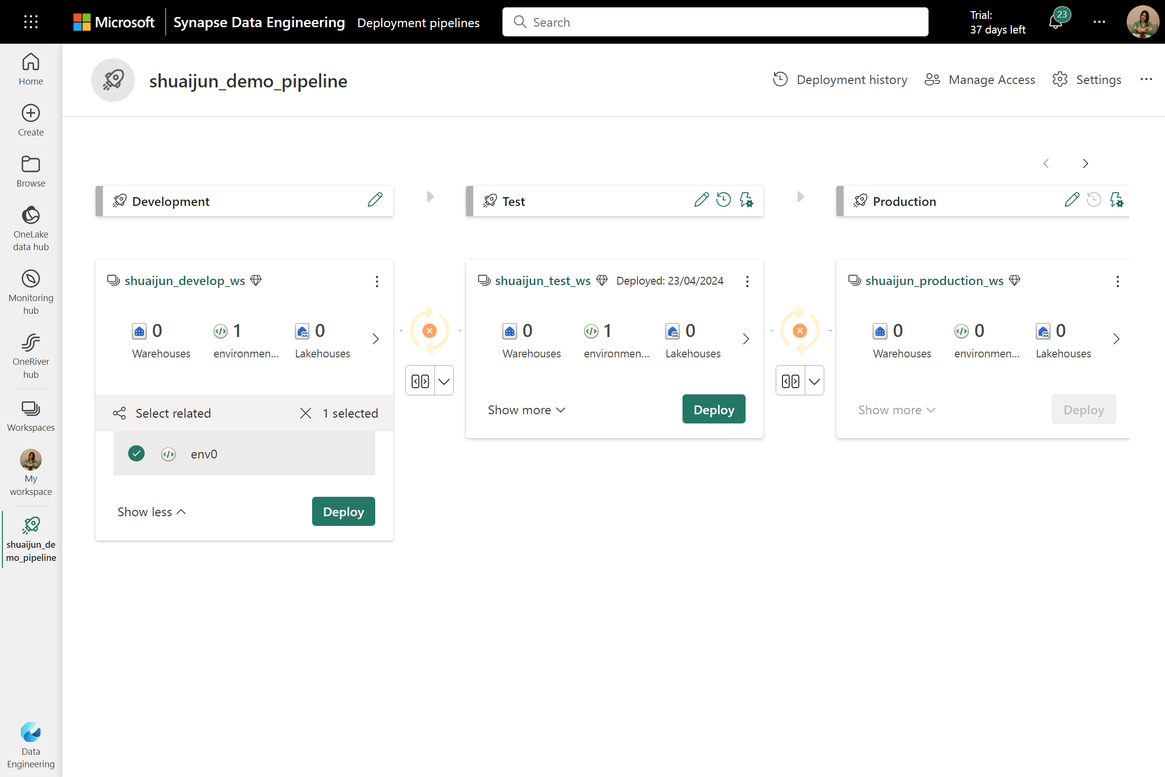 Screenshot of deploying environment in deployment pipeline.