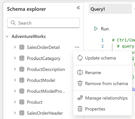 Screenshot of the Schema explorer with the ellipsis selected, showing the available menu options.