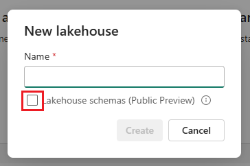 Screenshot showing the new lakehouse dialog.