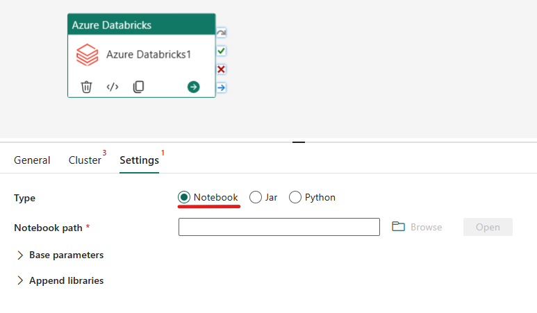 Screenshot showing the Notebooks type of the Azure Databricks activity.