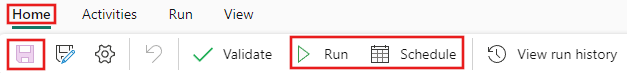 Screenshot showing the Home tab of the pipeline editor, highlighting the Save, Run, and Schedule buttons.