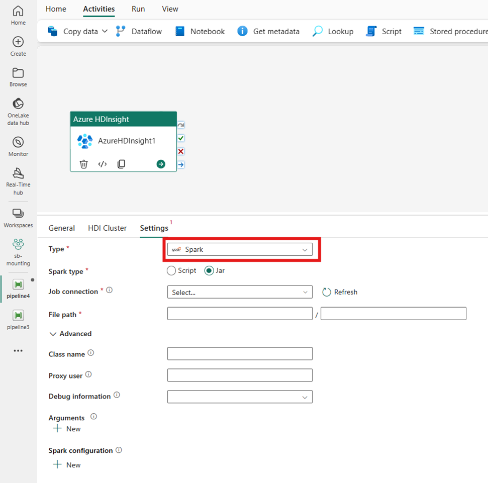 Screenshot showing the selection of the Spark type for the HDInsight cluster.