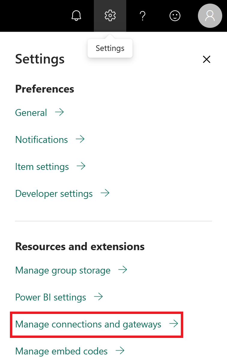 Screenshot showing where to select Manage connections and gateways.