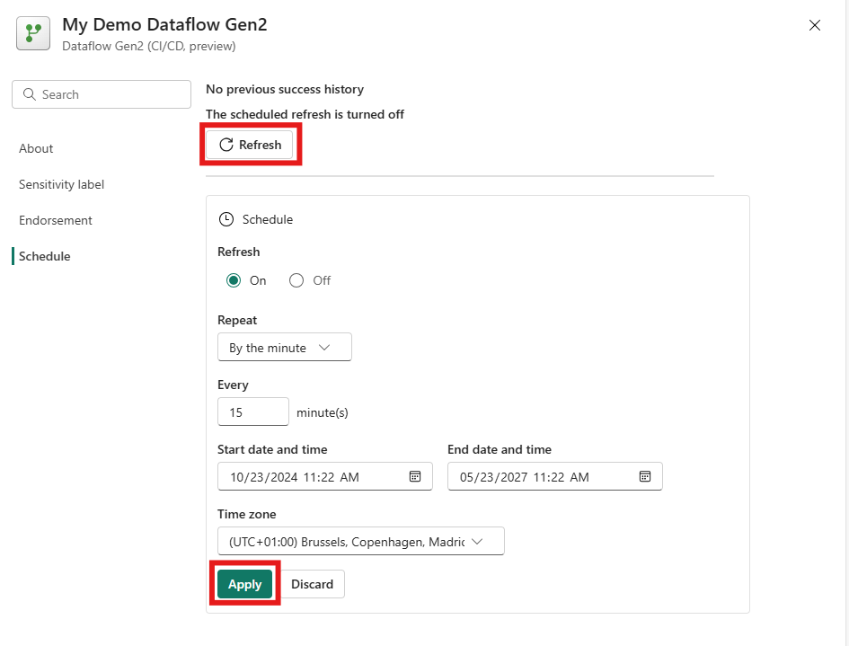 Screenshot of the dataflow's settings screen with the Schedule tab selected and the Refresh button emphasized.