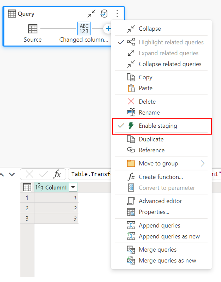 Screenshot of the query drop-down menu with Enable staging emphasized.