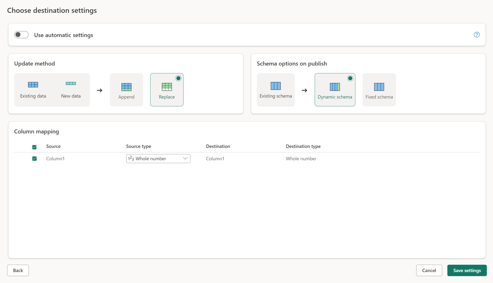 Screenshot of the Choose destination settings window with the Use automatic settings options unselected and the various manual settings displayed.