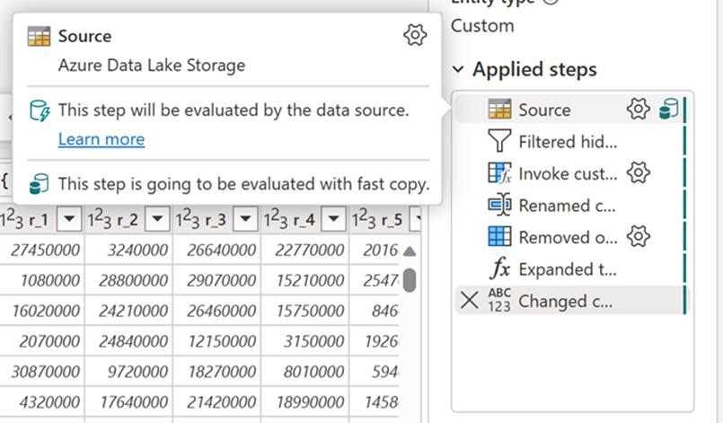 Screenshot showing where the fast copy indicator appears in the query steps pane.