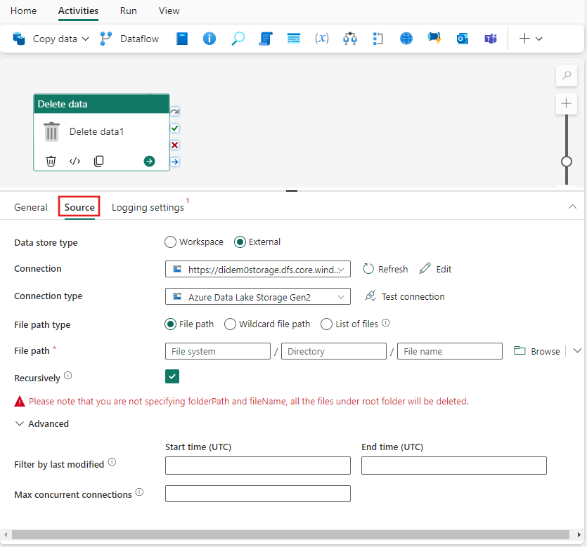 Screenshot showing the Delete data activity Source tab highlighted, and highlighting where to create a new connection.