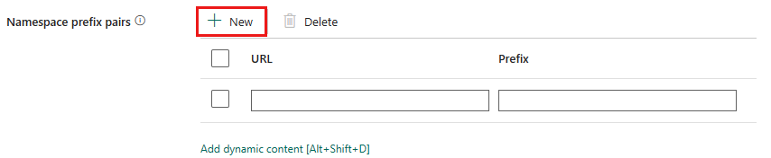 Screenshot showing namespace prefix pairs. 