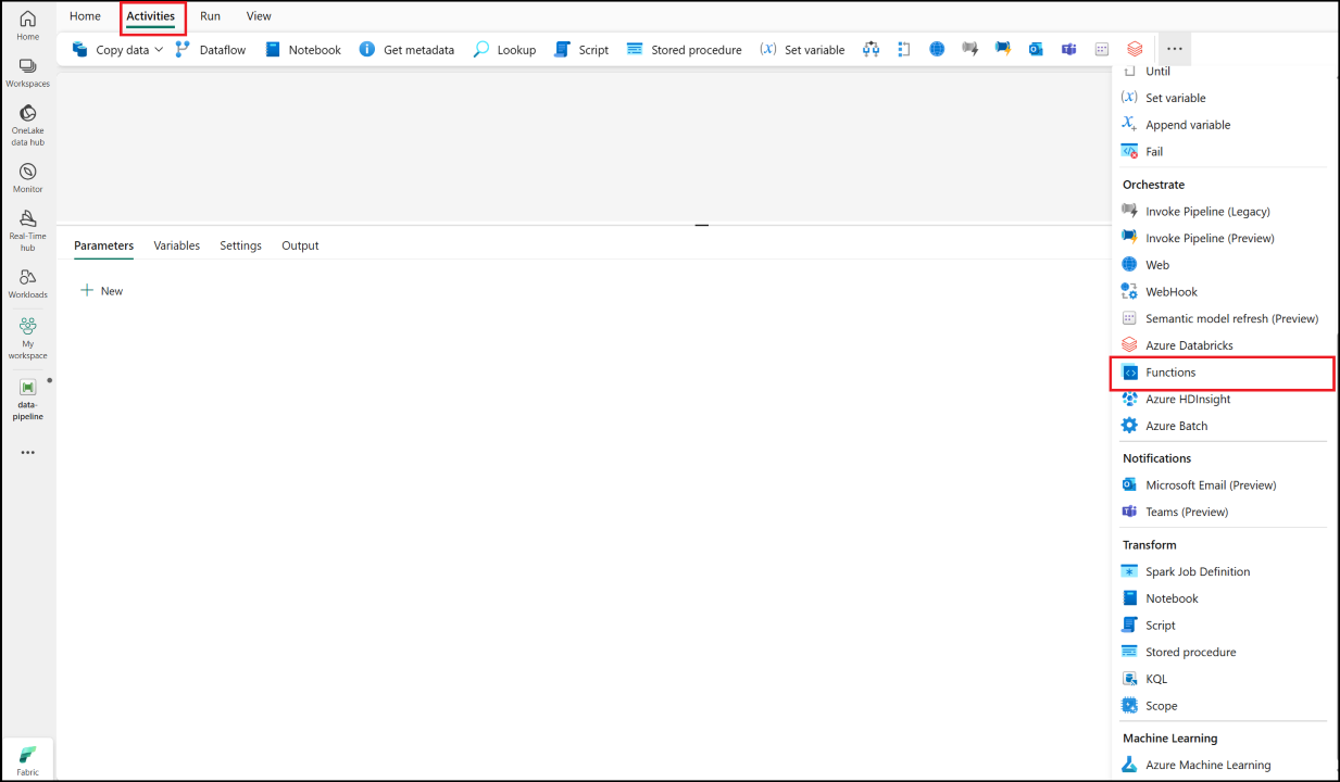 Screenshot of the Fabric UI with the Activities pane and Functions activity highlighted.