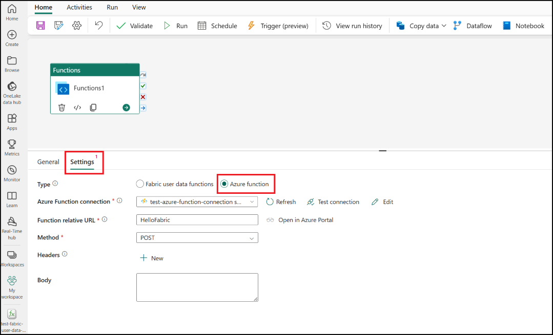 Screenshot showing the Settings tab of the Azure Function activity.