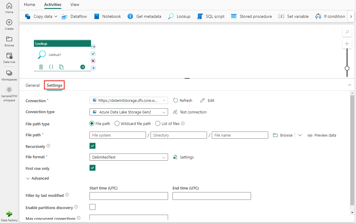 Screenshot showing the Lookup activity settings tab highlighting the tab, and where to choose a new connection.