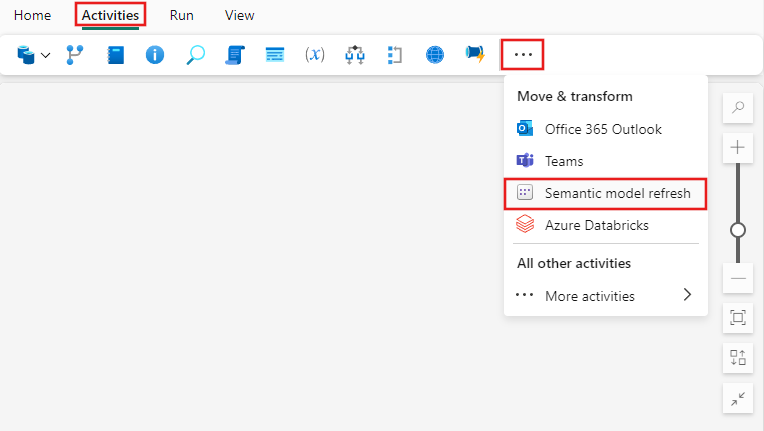 Screenshot showing how to add a new Semantic model refresh activity to a pipeline from the Activities bar.