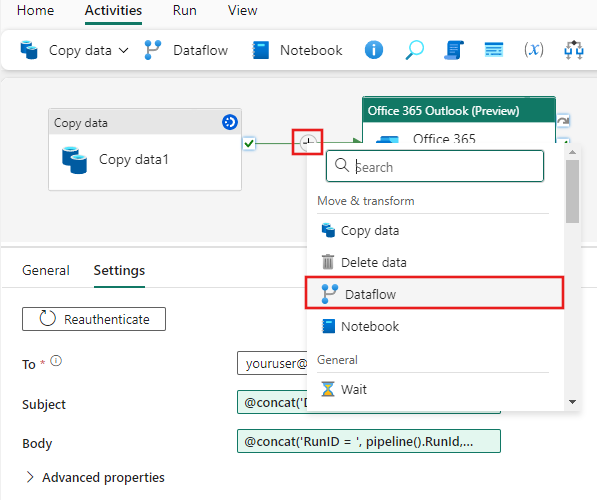 Screenshot showing the selection of Dataflow from the insert activity menu on the pipeline canvas.