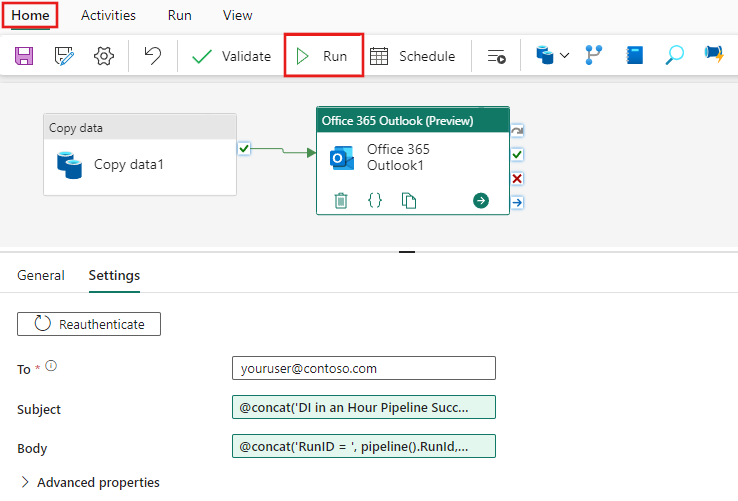 Screenshot showing the pipeline editor window with the Run button highlighted on the menu.