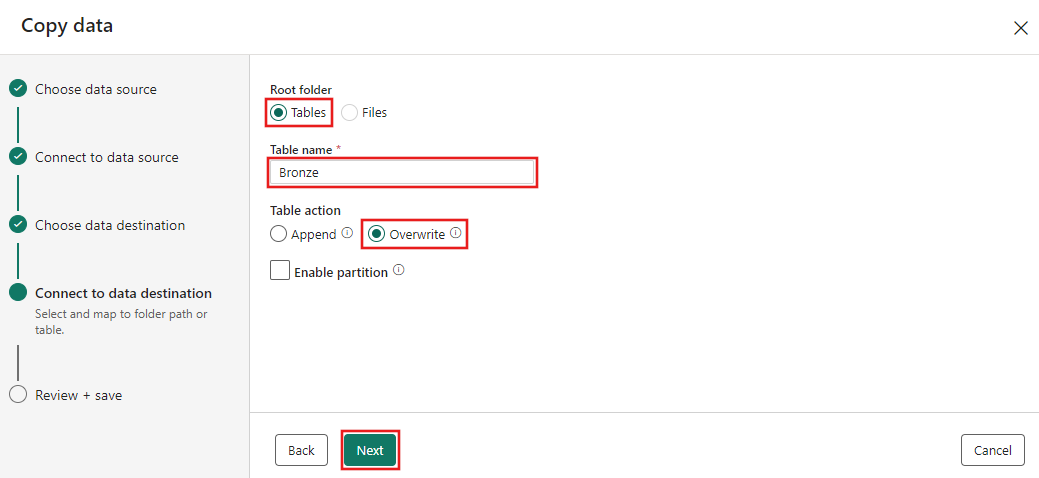 Screenshot showing the Connect to data destination tab of the Copy data assistant, on the Select and map to folder path or table step.