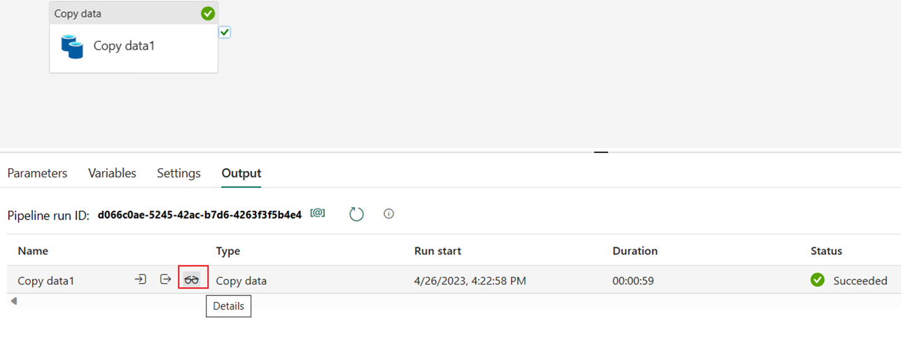 Screenshot showing the run details button in the pipeline Output tab.