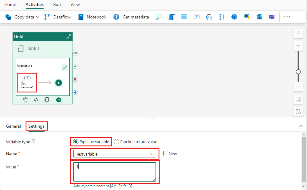 Screenshot showing the settings of the Set Variable child activity of the Until activity.