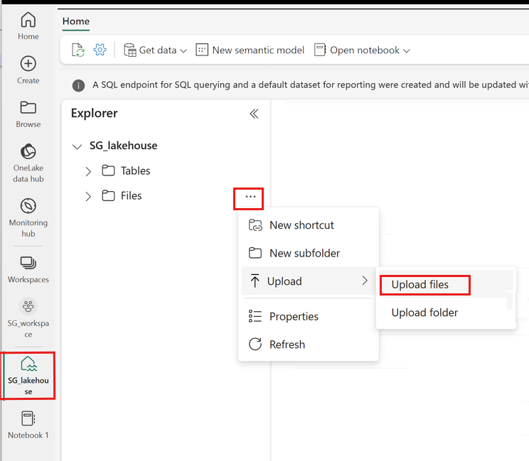 Screenshot of how to upload your file to the lakehouse Files folder.