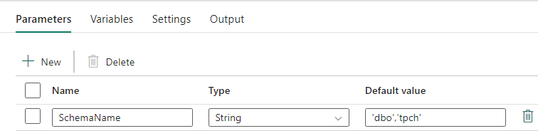 Screenshot from Data Factory showing the Parameters tab of a Data Pipeline. In the Name field, 'SchemaName'. In the Default value field, 'dbo','tpch', indicating these two schemas should be migrated.