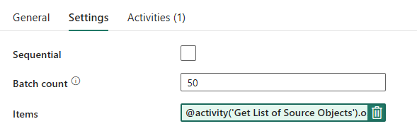 Screenshot showing the ForEach Loop Activity's settings tab.