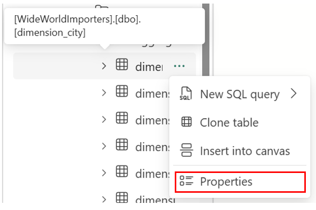 Screenshot showing where to find the Properties option on a selected table.