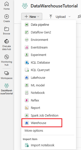 Screenshot of the workspace screen, showing where to select Warehouse  in the New drop-down menu.