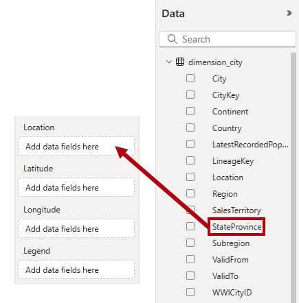 Screenshot of the Data pane, highlighting the drag operation to the Location well.