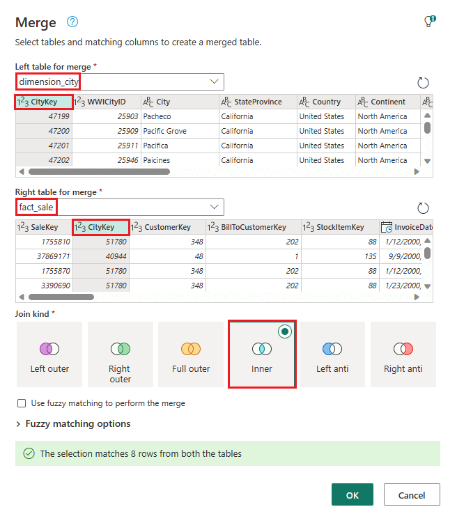 Screenshot of the Merge dialog box, showing where to find table names and CityKey fields.