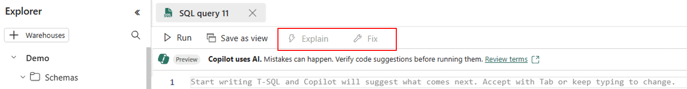 Screenshot from the Fabric portal showing the Explain and Fix buttons above a new empty SQL query tab.